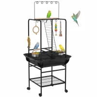 PawHut Bird Stand with Wheels, Perches, Stainless Steel Feed Bowls, Pull-Out Tray for Indoor Outdoor Small Parrot, Dark Gray(m-11)