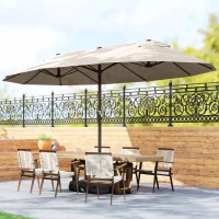 Outsunny 15' Outdoor Patio Umbrella with Twin Canopy Sunshade Steel Table Umbrella w/ Lift Crank, Cross Base, Sandbag, Khaki(m-1)