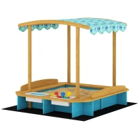 Qaba Wooden Sandbox with Dinosaur Print Canopy Kids Sandbox Outdoor with Bench Seats & 2 Storage Bins(m-1)