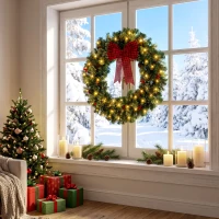 HOMCOM 36" Prelit Crestwood Spruce Artificial Christmas Wreath, Christmas Decor with Bow, 8 Modes, Red Berries, Pinecones(m-9)