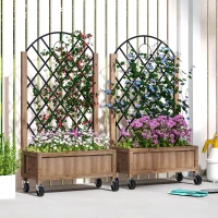 Outsunny Raised Garden Bed with Metal Trellis, Elevated Planter Box with Wheels and Drainage Holes, 20.5" x 9.8" x 38.2", Brown(m-1)