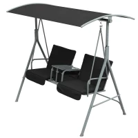 Outsunny 2-Seater Outdoor Porch Swing with Adjustable Canopy and Table, Patio Swing Chair for Garden, Poolside, Backyard, Black(m-2)