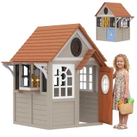 Qaba Outdoor Playhouse, Wooden Kids Playhouse with Dog Door, Cookware, Blackboard, Clock, Tic-Tac-Toe Roller for Backyard(m-11)