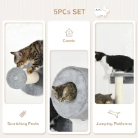 PawHut 5PCs Cat Wall Shelves, Pet Wall-mounted Climbing Shelf Set, Kitten Activity Center with Condo, Cushion, Scratching Post, Jumping Platform, Gray(m-5)