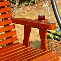 Outsunny 46" 2-Person Porch Swing Wooden Patio Swing Bench with Cup Holders, Slatted Design, Chains, 440lb Weight Capacity, Brown(m-9)