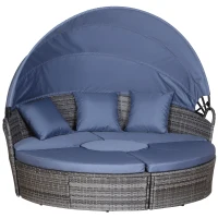 Outsunny 4pc Rattan Patio Furniture Set, Round Convertible Daybed or Sunbed, Adjustable Sun Canopy, Sectional Outdoor Sofa, 2 Chairs, Table, 3 Pillows, PE Plastic Wicker, Gray(m-1)