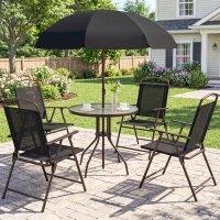 Outsunny 6 Piece Patio Dining Set for 4 with Umbrella, Outdoor Table and Chairs with 4 Folding Dining Chairs & Round Glass Table for Garden, Backyard and Poolside, Black and Coffee(m-10)
