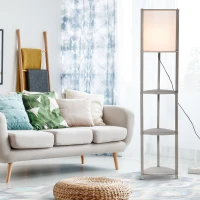 HOMCOM Floor Lamp with Display Shelves, Modern Standing Lamps with Footswitch, Solid Wood Nightstand Tower Lamp for Living Room Bedroom and Office(m-11)