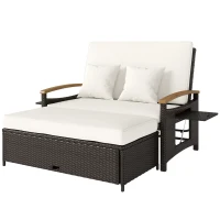 Outsunny Rattan Outdoor Daybed w/4-Level Adjustable Backrest, Patio Sofa Bed w/Storage Ottoman, Acacia Wood Armrest, Beige(m-1)