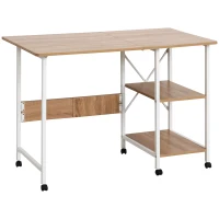HOMCOM Folding Computer Desk with Storage Shelves, Study Writing Table Laptop Desk with 6 Wheels for Bedroom Home Office Workstation, Natural(m-2)