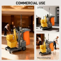 HOMCOM Commercial Janitorial Cart with 3 Tier Shelves, Cleaning Cart with Rubbish Bag and Mop Mount for Hotel Restaurant, Grey(m-7)