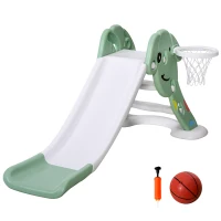 Qaba kids Slide for Indoor and Outdoor, Toddler Freestanding Slide Climber Toy for 18-48 Months Basketball Hoop, Ball and Inflator, Green(m-11)