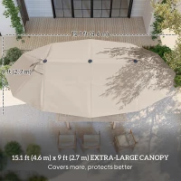 Outsunny 15' Outdoor Patio Umbrella with Twin Canopy Sunshade Steel Table Umbrella w/ Lift Crank, Cross Base, Sandbag, Khaki(m-4)