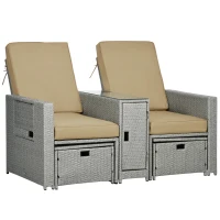 Outsunny 5PC Wicker Patio Lounger, Outdoor PE Rattan 5-level Adjustable Recliner Sofa Bed with Storage Side Table and Footstools, for Patio, Garden, Poolside, Khaki(m-11)