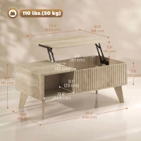 HOMCOM 40" Fluted Lift Top Coffee Table with Storage, Mid-Century Coffee Table with Hidden Compartment, Open Shelf, Oak(m-3)