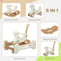 Qaba 5 in 1 Kids Rocking Horse with Detachable Base, Safety Guardrails, Footrests, Push Handle for Ages 1-3, Brown(m-4)
