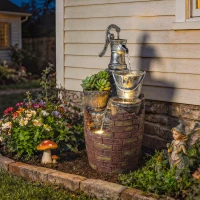 Outsunny 4-Tier Outdoor Fountain with Planter, Cascading Waterfall Feature with LED Lights, Rustic Brown and Grey(m-1)