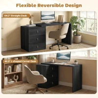 HOMCOM L Shaped Computer Desk Home Office Desk with 3 Drawers Black Wood Grain(m-4)