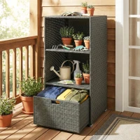 Outsunny Valet Pool Towel Rack, Water-Resistant PE Plastic Rattan Wicker Storage Organizer, 2 Shelves, 1 Basket Drawer, Dark Gray(m-9)