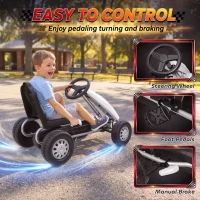 Qaba Lightweight Pedal Go Kart with Steering Wheel, Go Cart Ride on Toy with Adjustable Seat for 3+ Years, White(m-6)