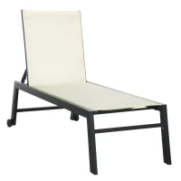 Outsunny Outdoor Chaise Lounge with Wheels, Five Position Recliner for Sunbathing, Suntanning, Steel Frame, Breathable Fabric for Beach, Yard, Patio, White(m-1)