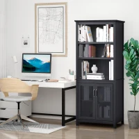 HOMCOM 71" Bookcase Storage Hutch Cabinet with Adjustable Shelves and Glass Doors for Home Office, Kitchen, Living Room, Black(m-10)