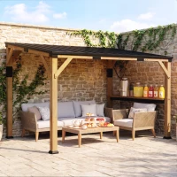 Outsunny 10' x 14' Wooden Gazebo, Hardtop Lean-to Gazebo Pergola with Galvanized Steel Sloped Roof, Bar Shelf, Natural Wood(m-10)