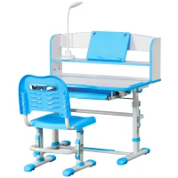 Qaba Kids Desk and Chair Set with Easy Rotation Handle, Height Adjustable Study Table and Chair Set with LED Lamp, Bookshelf, Drawer, Reading Board, Pen Slot, Hook, Blue(m-11)