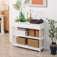 HOMCOM Console Hallway Table with 2 Open Shelves and Slatted Wood Frame Design, Extra Wide Pull Out Drawer, White(m-2)