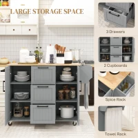 HOMCOM Rolling Kitchen Cart on Wheels with Drop Leaf, Kitchen Island with 3 Drawers, Solid Wood Top and Towel Rack, Grey(m-4)