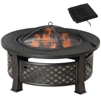 Outsunny 32" Outdoor Fire Pit Grill & Ice Bucket Table, Portable Steel Wood Burning Bowl, Cooking Grate, Poker, Rain Cover, Spark Screen Lid(m-17)