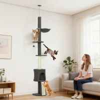 PawHut 87"-94.5" Floor to Ceiling Cat Tree with Sisal Scratching Post, Condo, Hammock, Ramp, Perches, Dark Grey(m-8)