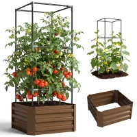 Outsunny Galvanized Planter Box, Outdoor Raised Garden Bed with 3-Tier Trellis Tomato Cage for Climbing Vines, Vegetables, Brown(m-13)