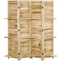 HOMCOM Room Divider, 4 Panel 67" Tall Wood Privacy Screen with 3 Display Shelves, and Folding Storage for Bedroom or Home Office, Natural Wood Color(m-11)