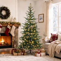 HOMCOM 7ft Prelit Sparse Christmas Tree with Downswept Hinges Warm White LED Lights, Green(m-1)