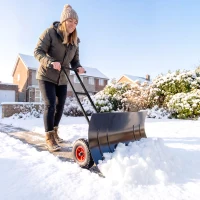 Outsunny Snow Shovel with Wheels, 29" Metal Snow Pusher with Adjustable Handle, 7-Angle Blade, Wear Strip for Driveway, Black(m-10)