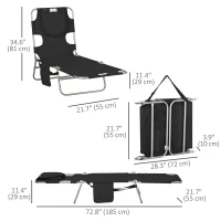 Outsunny Folding Outdoor Lounge Chair, 5-Level Tanning Chair with Face Hole, Side Pocket, Carry Strap for Beach Pool, Black(m-3)