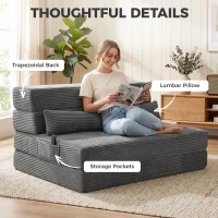 HOMCOM Floor Chair with Back Support Four-Fold Floor Gaming Chair Side Pockets Pillow Floor Seat Sofa Bed, Dark Grey(m-7)