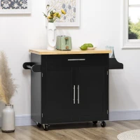 HOMCOM Kitchen Island with Storage, Rolling Cart Trolley with Rubberwood Top, Adjustable Shelf, Drawer, Spice Rack, Black(m-1)