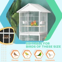PawHut Wrought Metal Bird Cage Feeder with Rolling Stand Perches Food Containers Doors Wheels 67" H, White(m-6)