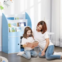 Qaba Toy Storage Organizer, Kids Bookshelf, Freestanding Children Bookcase with Cabinet for Toys Clothes Books, Blue(m-2)