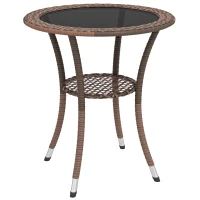 Outsunny Outdoor Rattan Dining Table, Patio Wicker Round Coffee Table with 2-Tier Storage Shelf, Brown(m-9)