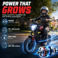 Qaba 24V Kids Electric Motorcycle with 180W Motor, 12" Rubber Tires, Up to 11MPH, Twist Throttle for Ages 6-12, Black(m-4)