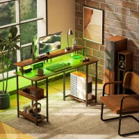 HOMCOM Computer Desk with Storage, 55" Reversible Computer Table with Power Outlets and LED Lights, Rustic Brown(m-10)