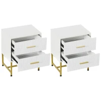 HOMCOM 2 Pieces Nightstands with Storage, Modern Bedside Tables with 2 Fluted Drawers and Gold Legs for Bedroom, White(m-3)