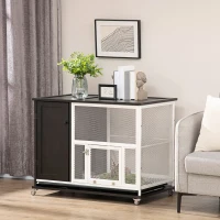 PawHut 38" 2-in-1 Indoor Rabbit Hutch & End Table with Wheels & Storage Shelf, Bunny Rabbit Cage with Removable Tray, Bunny Hutch Rabbit Furniture Pet Crate End Table, Black(m-2)