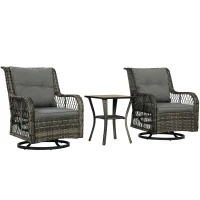 Outsunny 3 Piece Outdoor Bistro Set, Wicker Patio Furniture Set with Swivel Glider Chairs for Balcony, Porch, Grey(m-2)