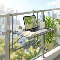Outsunny Adjustable Balcony Hanging Railing Table, Metal Mounting Mini Wall Desk Storage Rack, Outdoor Flower Stand Serving Table Rectangle, Grey(m-1)