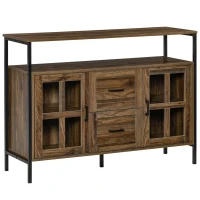 HOMCOM Industrial Sideboard Buffet Cabinet, Coffee Bar Cabinet with Adjustable Shelves, Glass Doors, and 2 Drawers for Kitchen, Living Room, Brown(m-1)