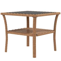 Outsunny Rattan Side Table, Outdoor End Table with Storage Shelf, Aluminum Frame Square, Coffee Table with Tempered Glass Top, Sand(m-1)